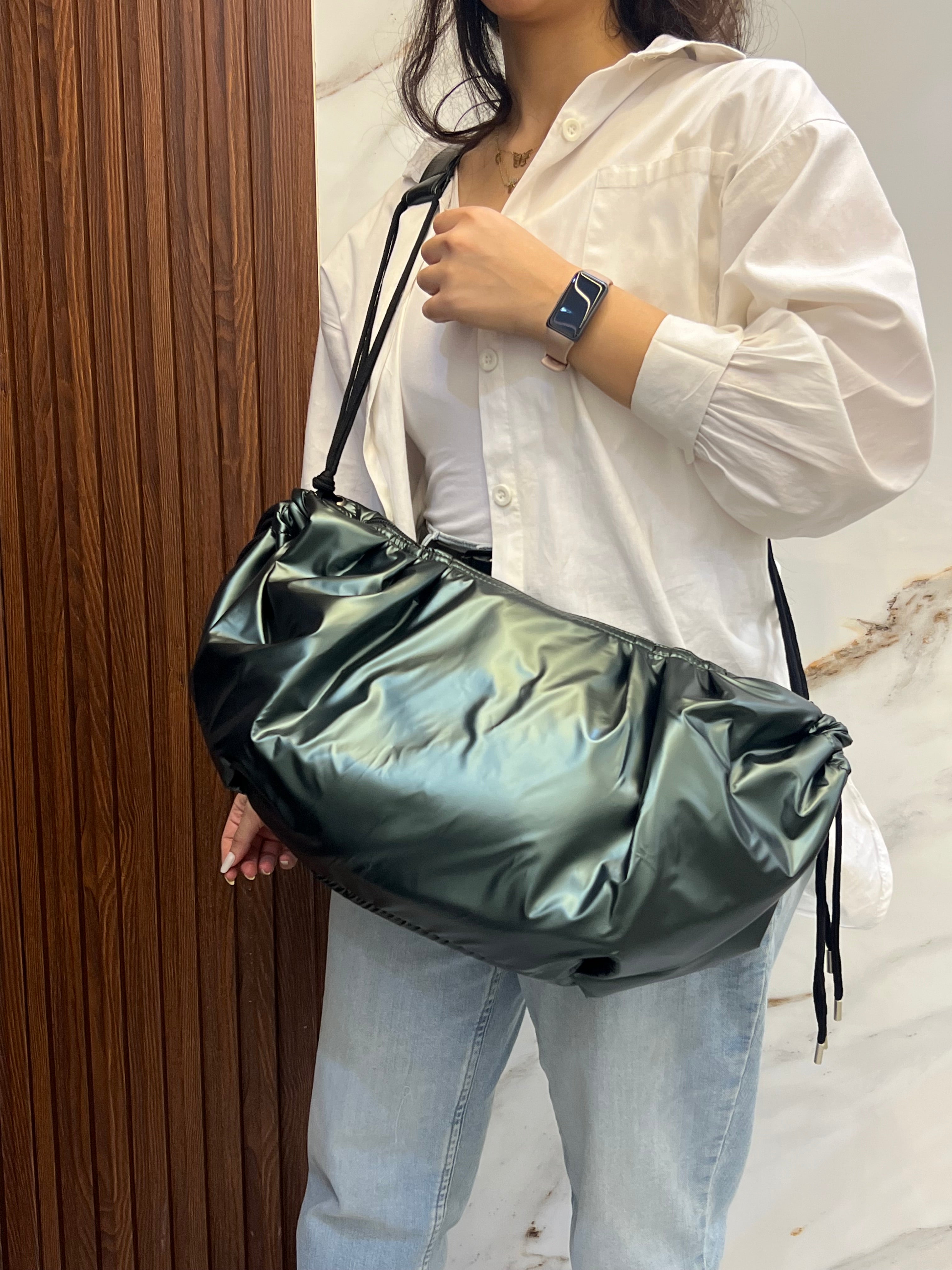 Metallic olive large string bag ZURI.CAIRO