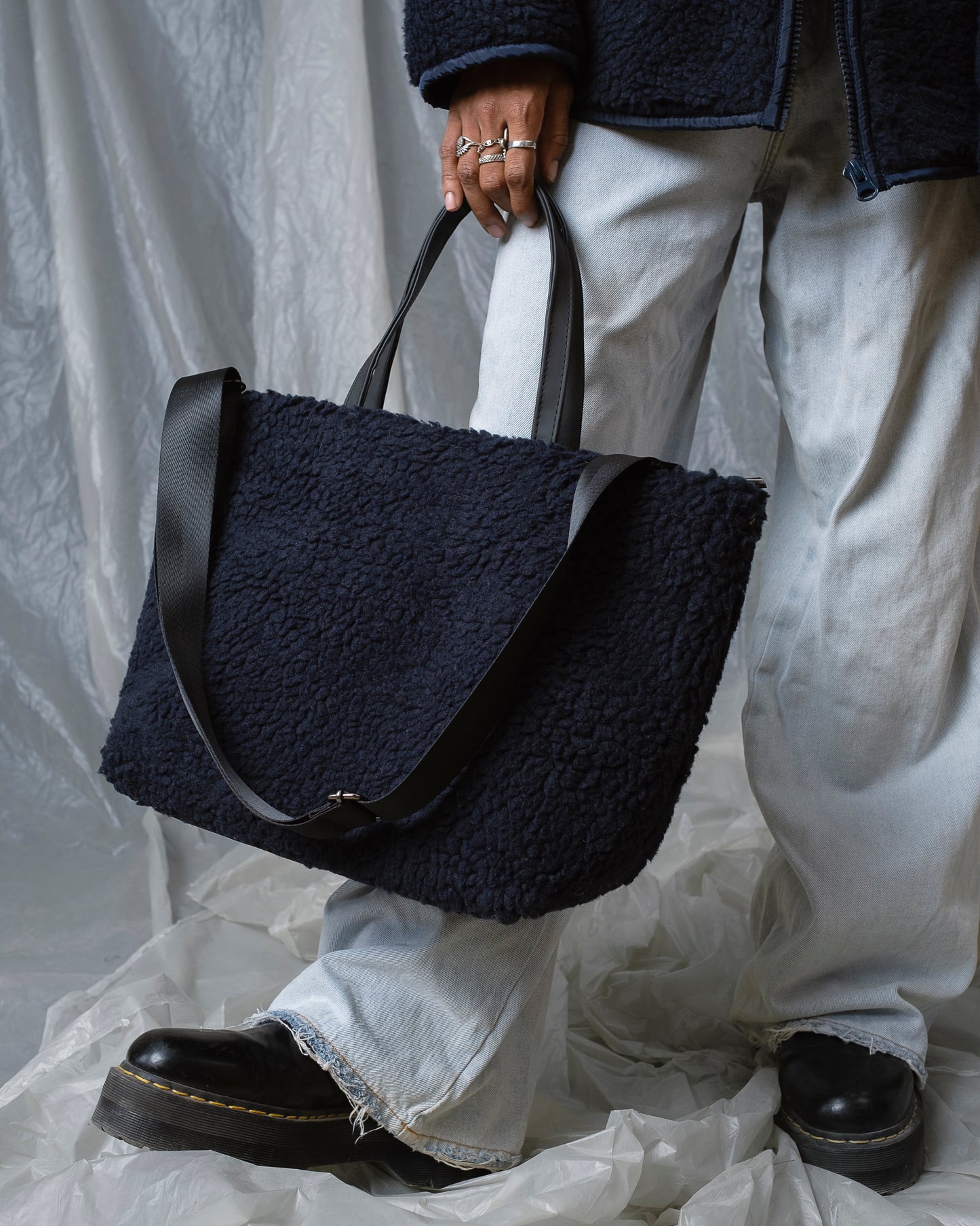 Fur navy blue large handbag