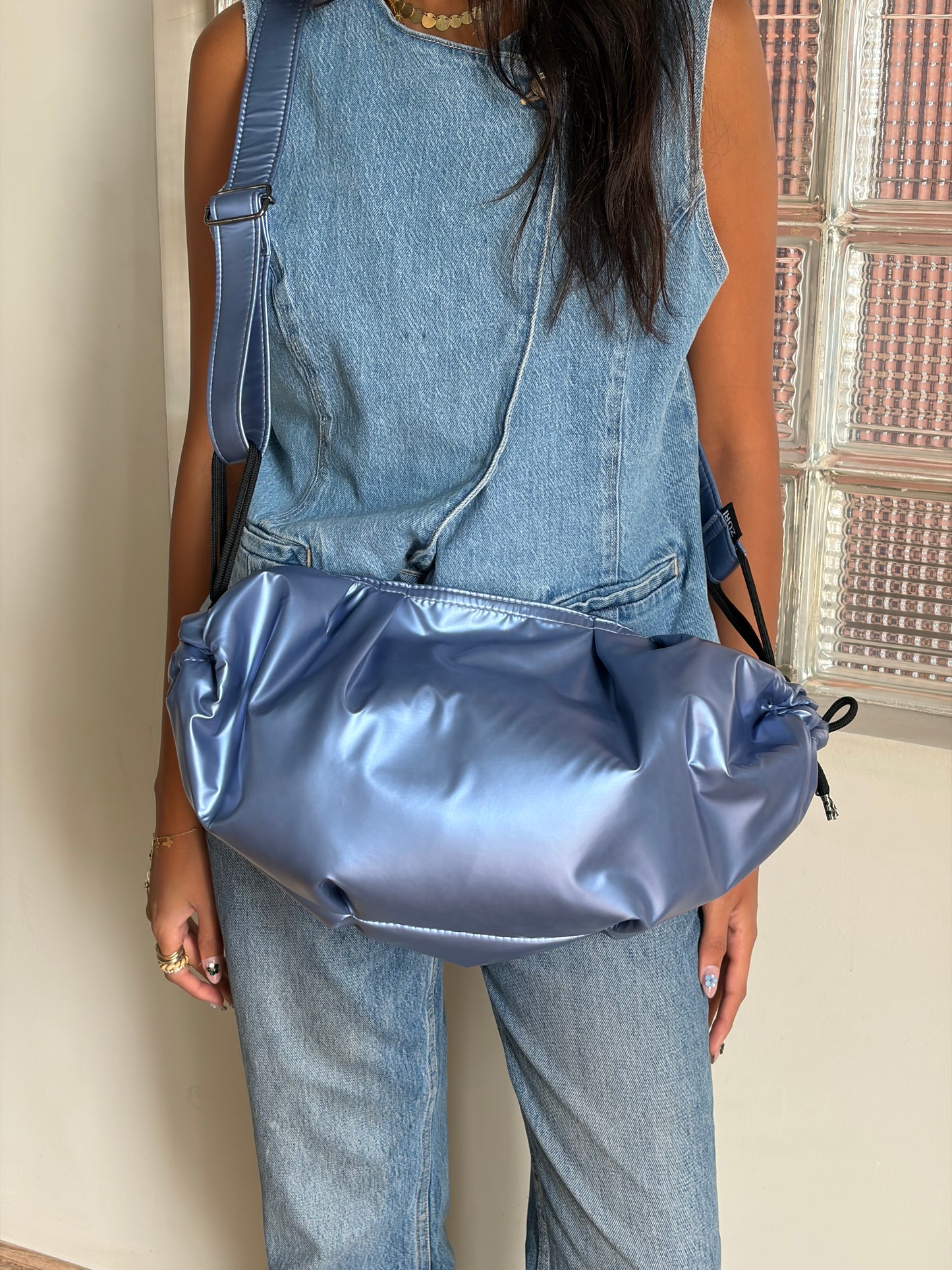 Medium String Bag - Metallic Baby Blue