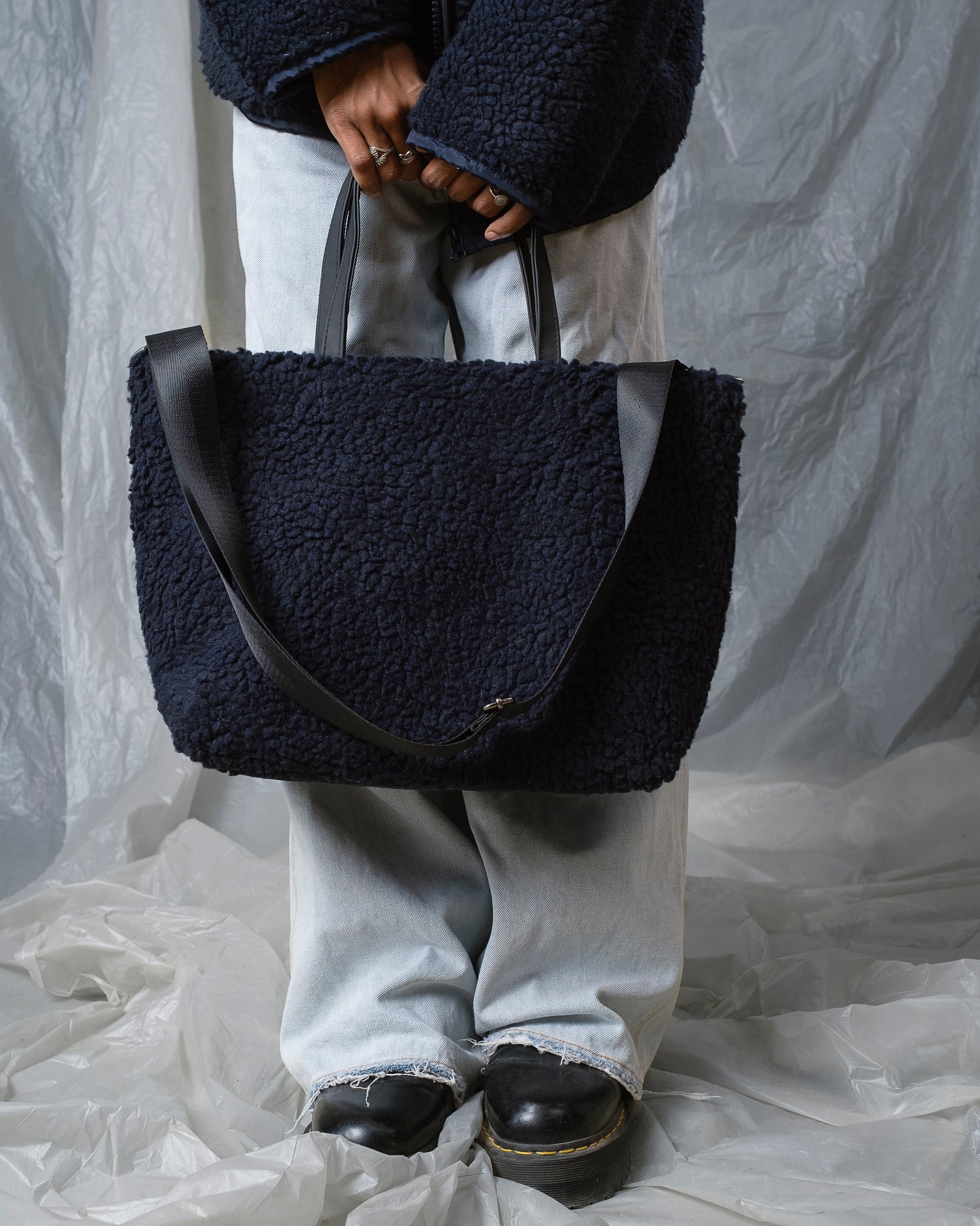 Fur navy blue large handbag